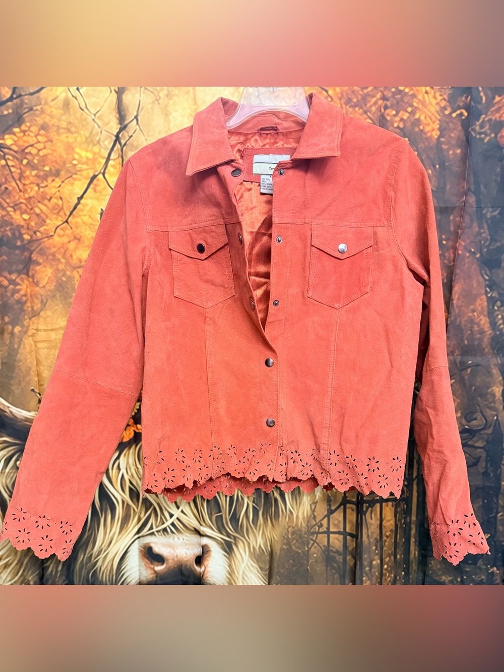Women's Coral Leather Jacket with Scalloped Laser-Cut Hem